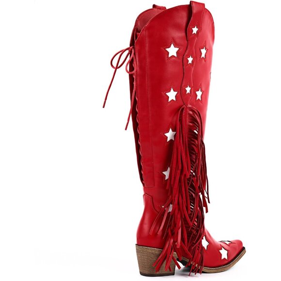 Women Red Star Synthetic Fringe Thigh High Tassel Wide Over Knee Pointed Boot - Picture 3 of 6